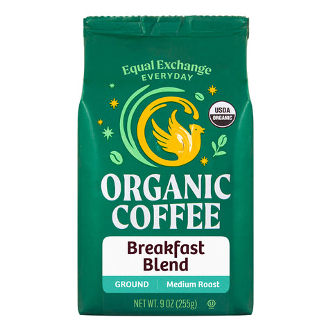 Green bag of Equal Exchange Everyday Organic Coffee Breakfast Blend ground