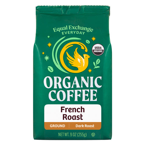 Green bag of Equal Exchange Everyday Organic Coffee French Roast ground