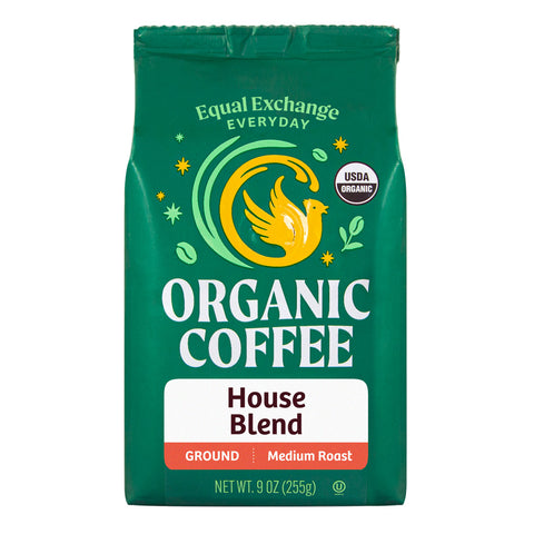 Green bag of Equal Exchange Everyday Organic Coffee House Blend ground