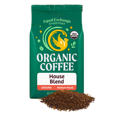 Green bag of Equal Exchange Everyday Organic Coffee House Blend with a pile of ground coffee