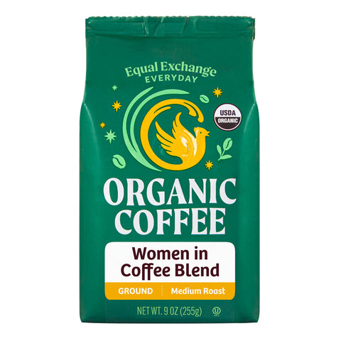 Green bag of Equal Exchange Everyday Organic Women in Coffee Blend ground 