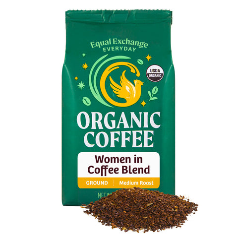 Green bag of Equal Exchange Everyday Organic Women in Coffee Blend with a pile of ground coffee