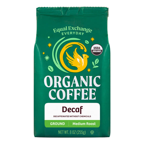 Green bag of Equal Exchange Everyday Organic Coffee Decaf ground