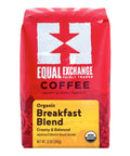 A 12 oz bag of Equal Exchange Coffee Organic Breakfast Blend on a plain white background. The packaging is primarily bright red with a large white logo, black text, and a yellow label at the bottom indicating the organic breakfast blend.