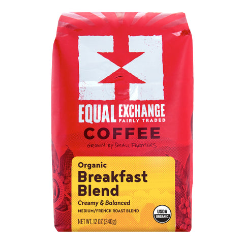 A 12 oz bag of Equal Exchange Coffee Organic Breakfast Blend on a plain white background. The packaging is primarily bright red with a large white logo, black text, and a yellow label at the bottom indicating the organic breakfast blend.