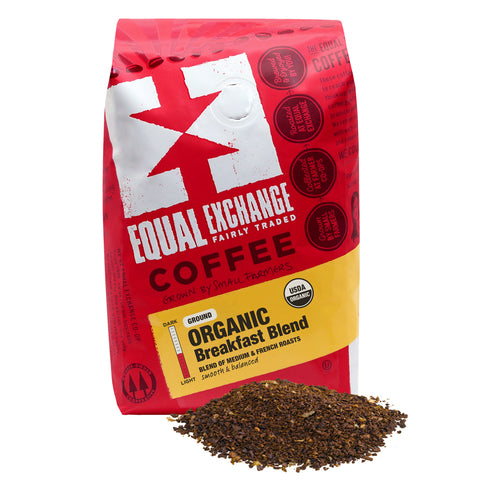 Red bag of Equal Exchange Organic Breakfast Blend coffee with ground coffee in front