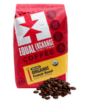 Red bag of Equal Exchange Organic French Roast coffee with coffee beans on a white background