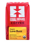A 10 oz bag of Equal Exchange Coffee Love Buzz Organic Bold & Intense coffee blend. The packaging is primarily bright red with a white logo and a yellow label at the bottom indicating the flavor.