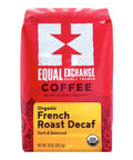 A 10 oz bag of Equal Exchange Coffee Organic French Roast Decaf on a plain white background.