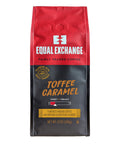red and black coffee bag of Toffee Caramel flavored ground coffee