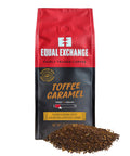 red and black coffee bag of Toffee Caramel flavored ground coffee