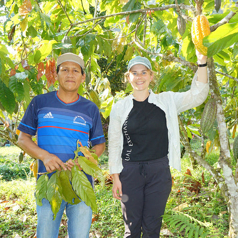 Willian Urbano Quispe of El Quinacho co-op stands with Laura Bechard of Equal Exchange on his cacao farm in Sivia, Peru