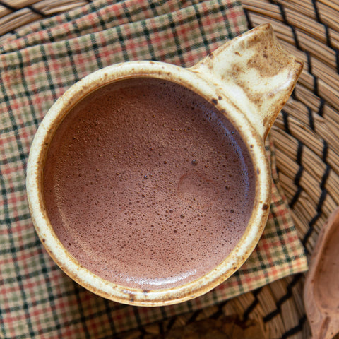 Overhead view of a mug of rich hot cocoa