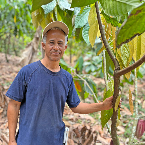 Modesto Cruz Sosa, cacao farmer and member of CONACADO co-op in Dominican Republic, with his cacao trees