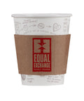 White paper to-go cup with brown cardboard cup sleeve featuring a red Equal Exchange logo