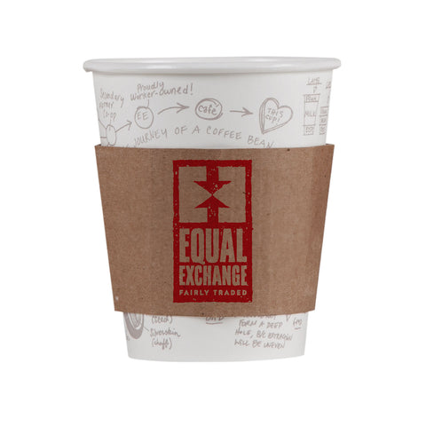 White paper to-go cup with brown cardboard cup sleeve featuring a red Equal Exchange logo