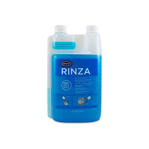 Jug of Urnex Rinza coffee pot cleaner full of blue cleaning liquid.