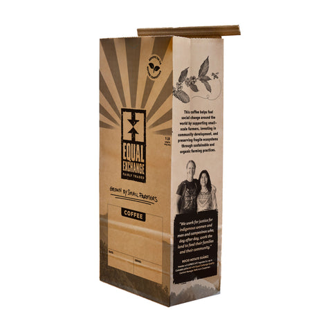 Empty kraft paper bag with tintie and Equal Exchange branding