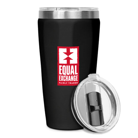 black travel mug with red and white Equal Exchange logo printed on one side