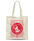 White canvas tote bag with red logo