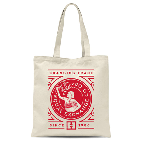 White canvas tote bag with red logo