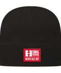 black knit beanie cap with red and white Equal Exchange Never Sell Out patch stitched on the front