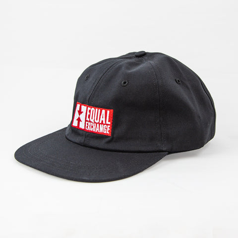 black organic cotton dad hat with Equal Exchange logo