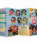 A printed Equal Exchange brochure shown standing against a white background. The panel features the Equal Exchange logo, photos of people and products, text sections, QR codes, and a bright blue background.