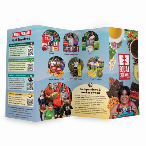 A printed Equal Exchange brochure shown standing against a white background. The panel features the Equal Exchange logo, photos of people and products, text sections, QR codes, and a bright blue background.
