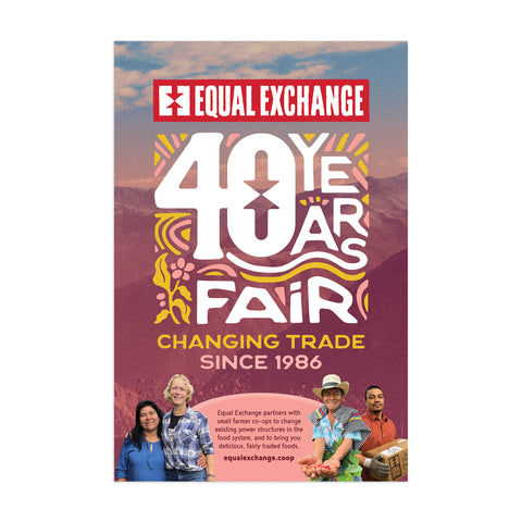 Equal Exchange 40th anniversary poster with people and landscape