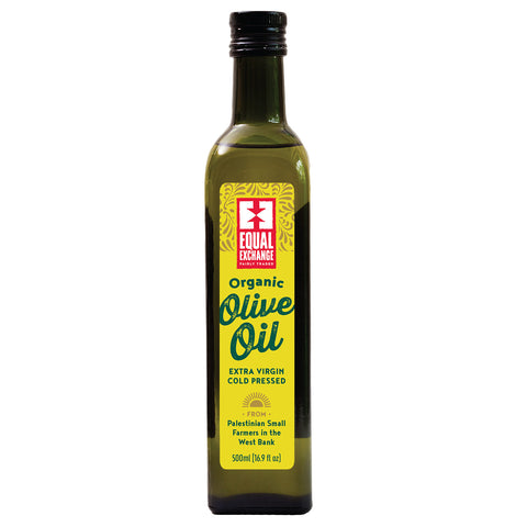 front of Equal Exchange organic olive oil bottle with yellow label and text that says Extra Virgin Cold Pressed from Palestinian Small Farmers in the West Bank