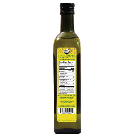 Back of Organic Extra Virgin Olive Oil bottle