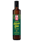 glass bottle of olive oil with green label and yellow lettering that says Organic Olive Oil