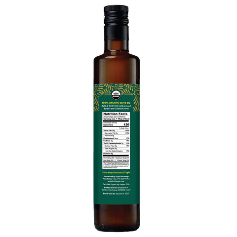 glass bottle of olive oil with green label and nutrition facts
