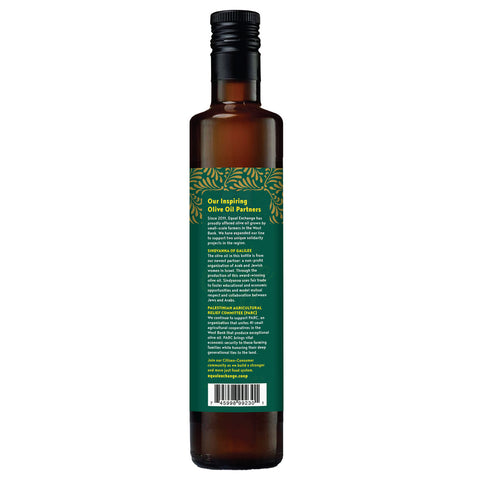 glass bottle of olive oil with green label and story about our product
