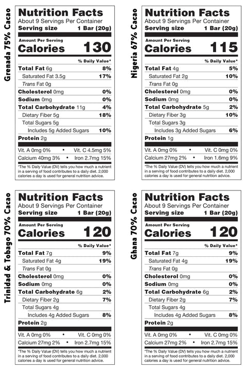 Nutrition information for four chocolate bars