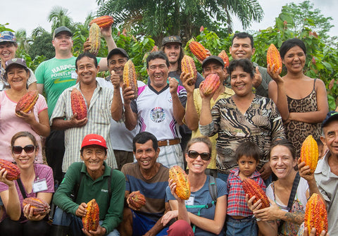 Group of Equal Exchange staff and ACOPAGRO coop members holding red yellow and orange cacao pods