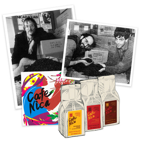 collage of photos with historical Equal Exchange founders and original Cafe Nica coffee packaging