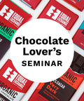 A variety of chocolate bars with different flavors and brands, arranged in rows, with a label in the center reading 'Chocolate Lover's Seminar'.