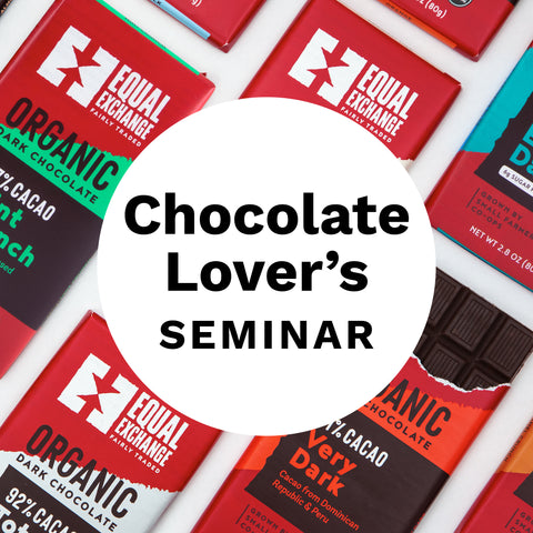 A variety of chocolate bars with different flavors and brands, arranged in rows, with a label in the center reading 'Chocolate Lover's Seminar'.