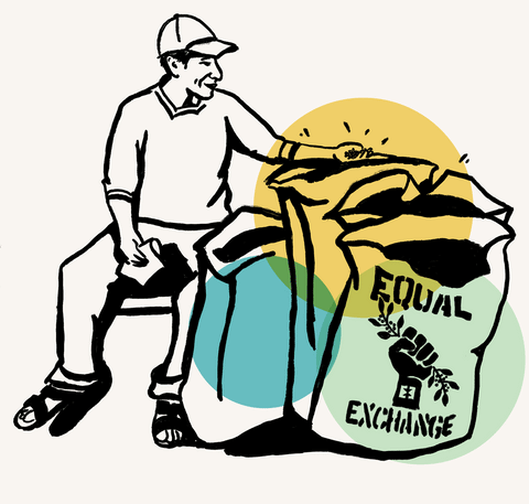 illustration of a coffee farmer sitting next to four burlap bags of green coffee beans for Equal Exchange