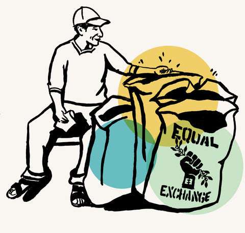 illustration of a coffee farmer sitting next to four burlap bags of green coffee beans for Equal Exchange