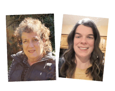 Two side-by-side portraits of two women on the Interfaith team, one outdoors and one indoors.