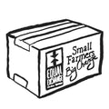 illustration of an Equal Exchange shipping box with logo and words small farmers big change on side