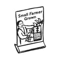 illustration of table sign holder with illustration of a coffee farmer and words small farmer grown