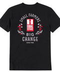 back of black t-shirt with "Small Farmers Big Change" in large letters surrounding an Equal Exchange logo and illustrations of coffee branch with cherries.