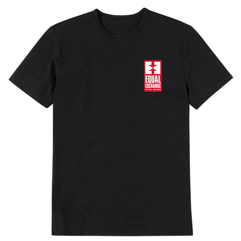 black t-shirt with Equal Exchange logo printed on chest front