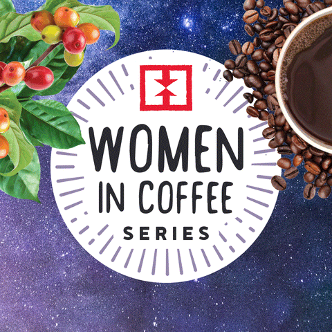 Animation showing rotating night sky with coffee cherries and a cup of brewed coffee. Center text reads Women in Coffee Series North Star Colombia.