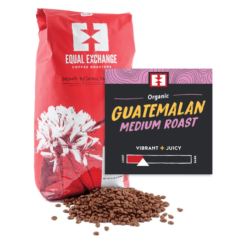 Organic Guatemalan Medium Roast bulk whole bean coffee bag with bin card