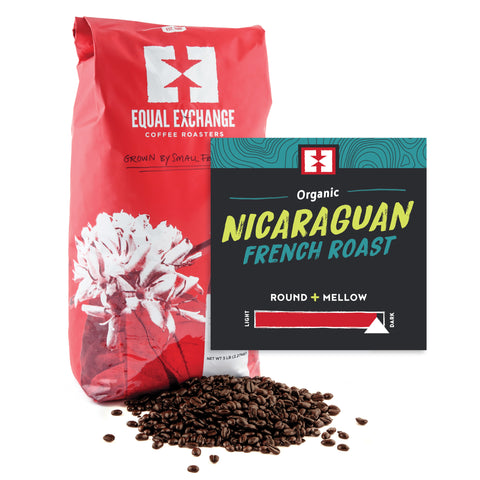 Organic Nicaraguan French Roast bulk whole bean coffee bag with bin card